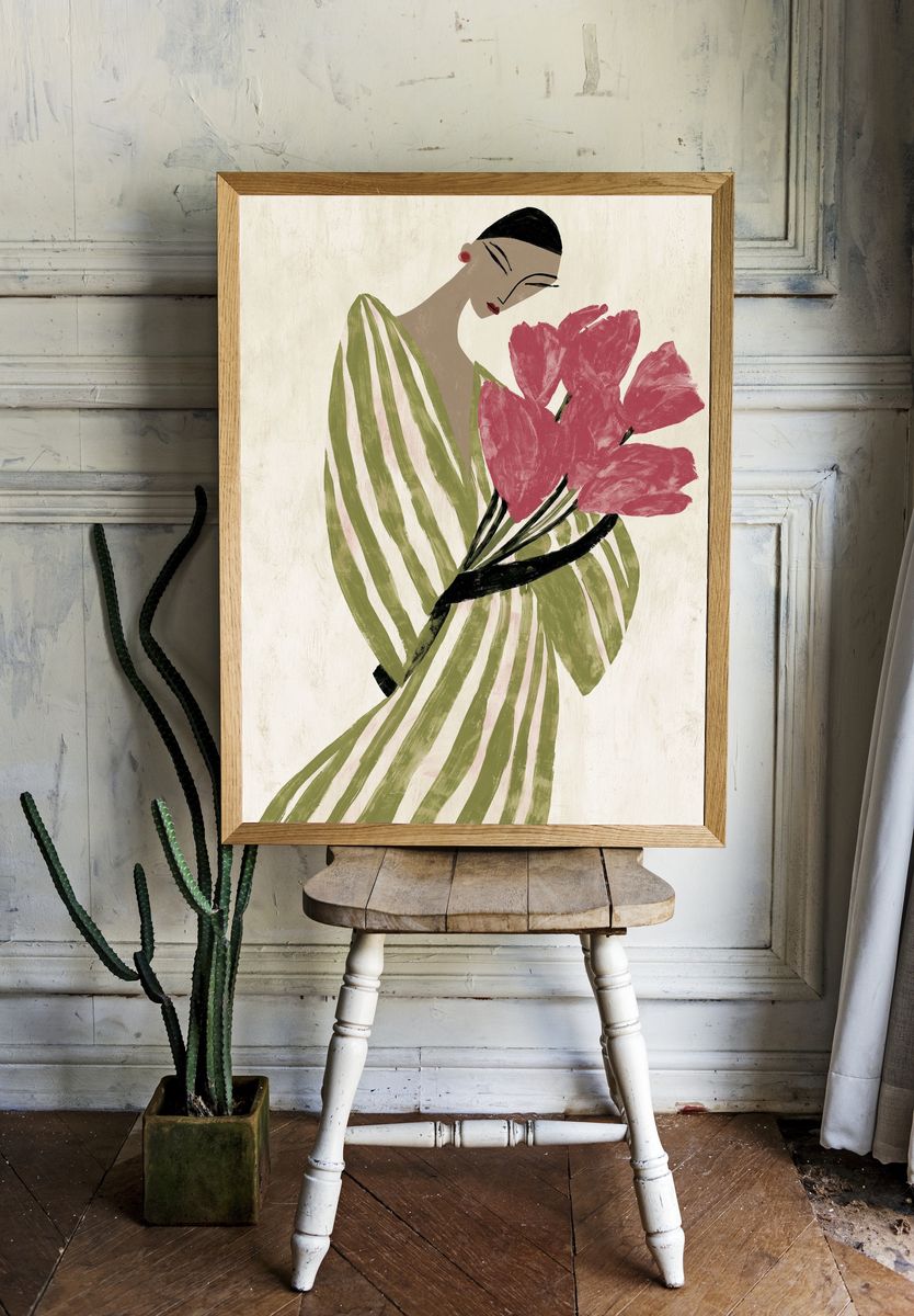 Elegant Woman with Flowers Illustration Poster. — room view 1