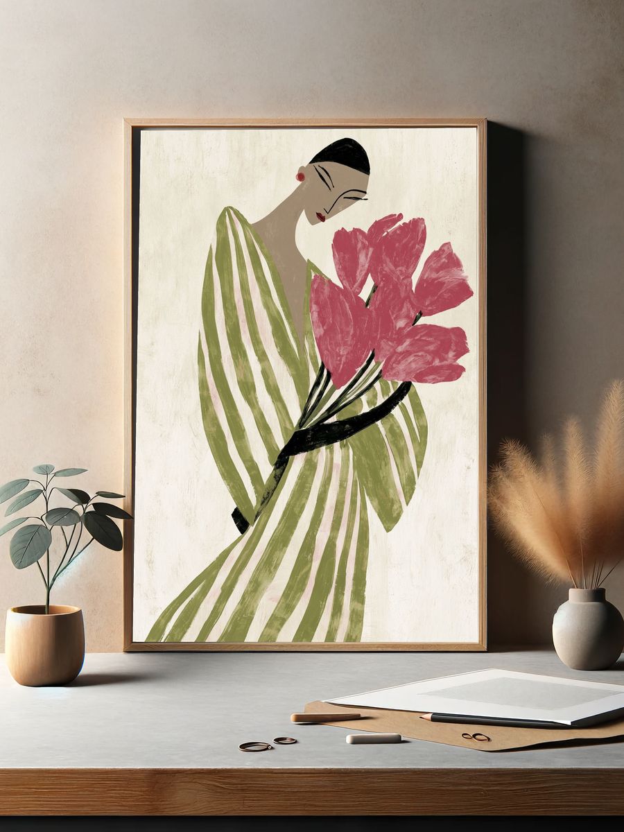 Elegant Woman with Flowers Illustration Poster. — room view 2