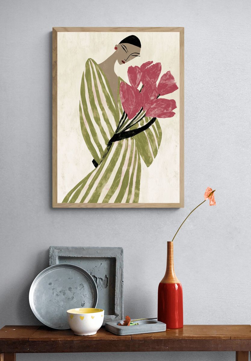 Elegant Woman with Flowers Illustration Poster. — room view 3