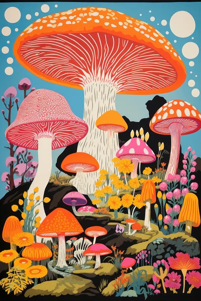 Psychedelic Mushroom Garden Illustration Poster. poster detail