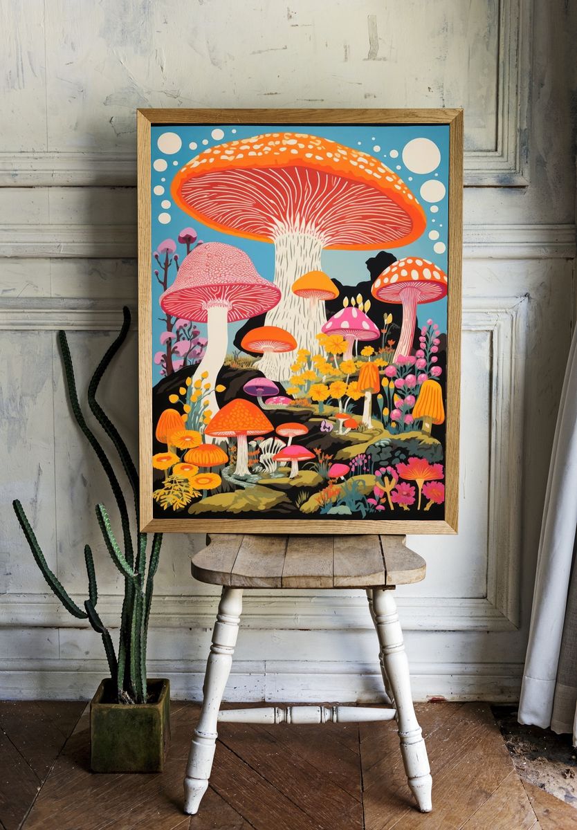 Psychedelic Mushroom Garden Illustration Poster. — room view 1