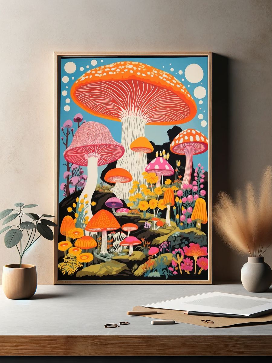 Psychedelic Mushroom Garden Illustration Poster. — room view 2