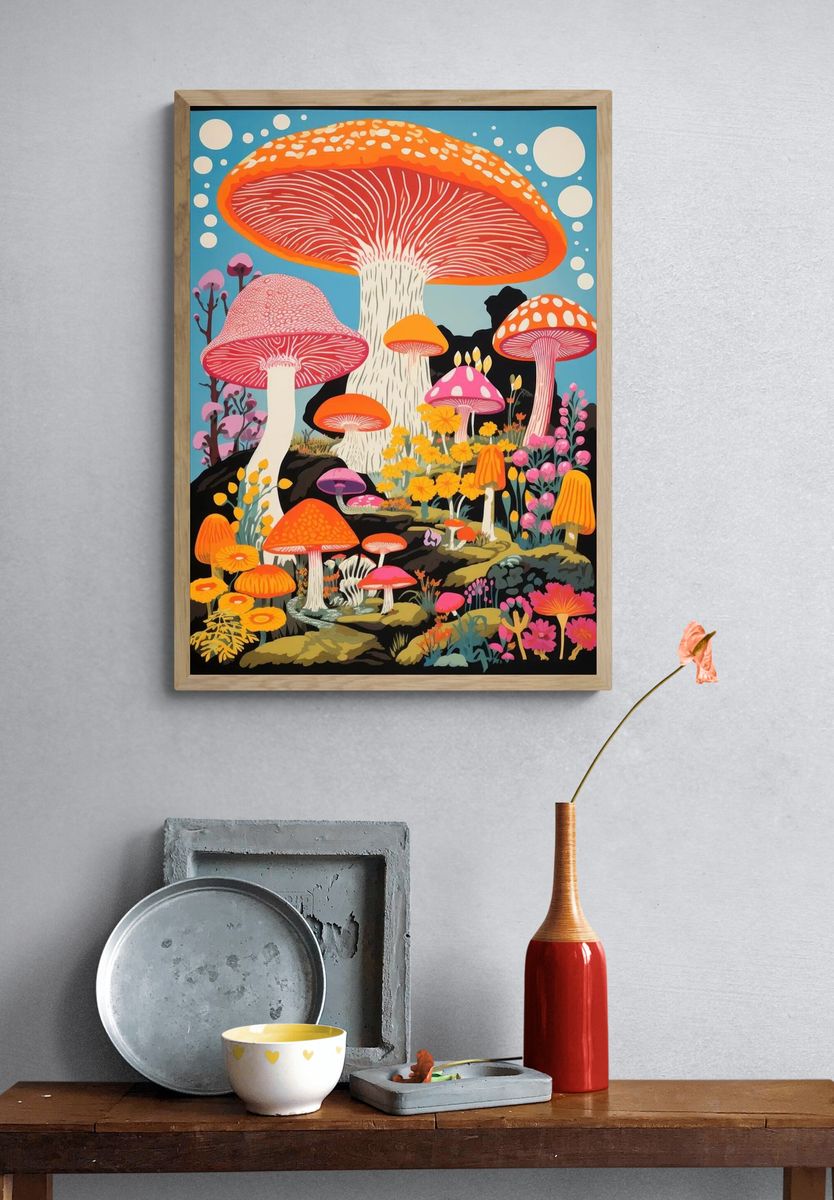 Psychedelic Mushroom Garden Illustration Poster. — room view 3