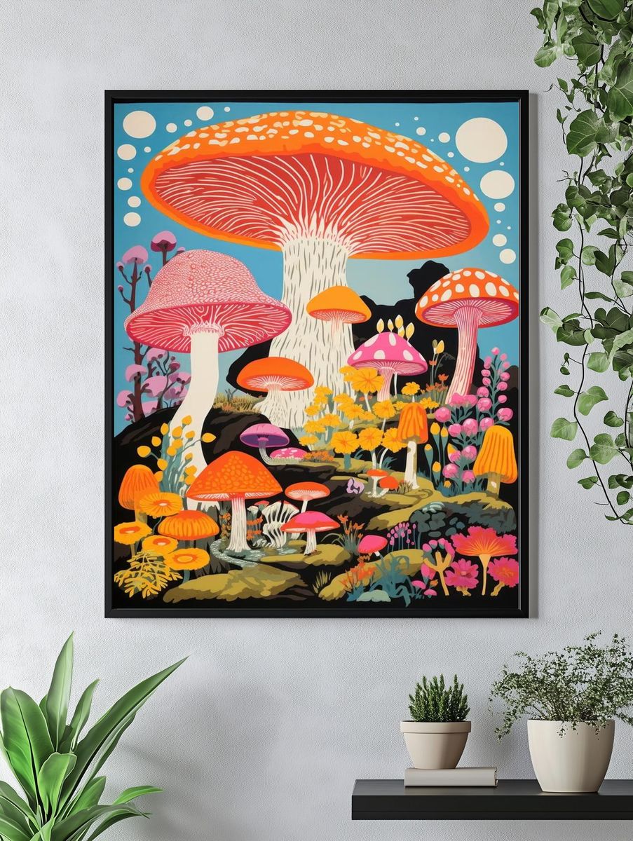 Psychedelic Mushroom Garden Illustration Poster. — room view 4