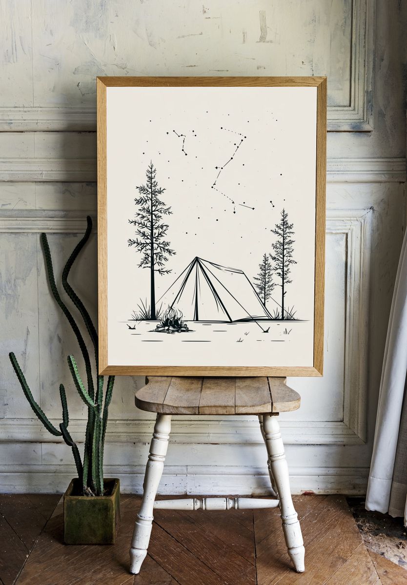 Starry Camping Scene Illustration Poster. — room view 1