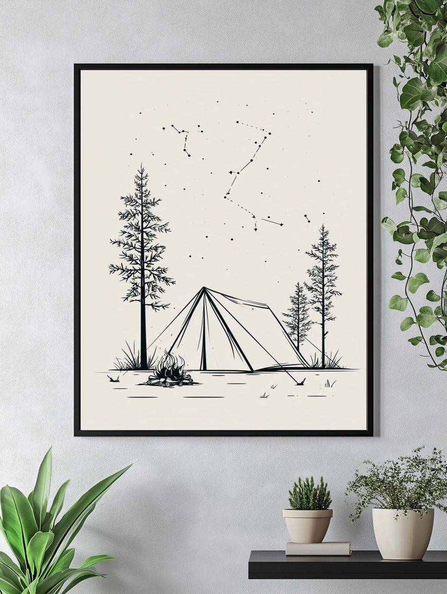 Starry Camping Scene Illustration Poster. — room view 4