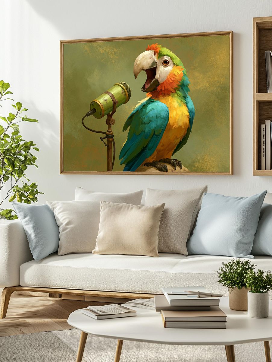 Colorful Parrot Singer Illustration Poster. — room view 2