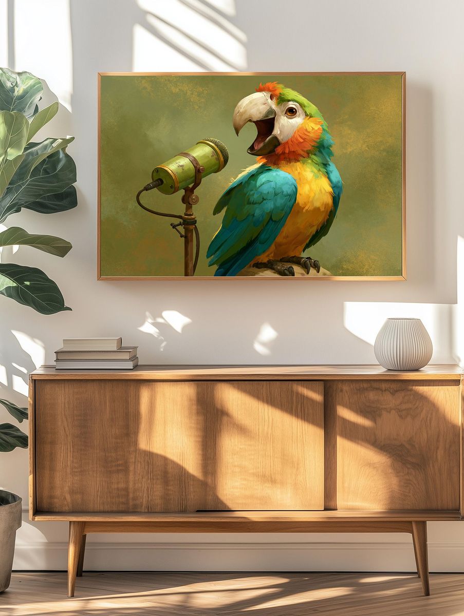 Colorful Parrot Singer Illustration Poster. — room view 3