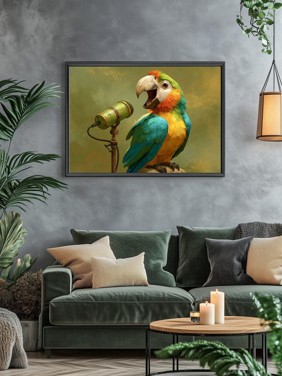 Colorful Parrot Singer Illustration Poster. — room view 4