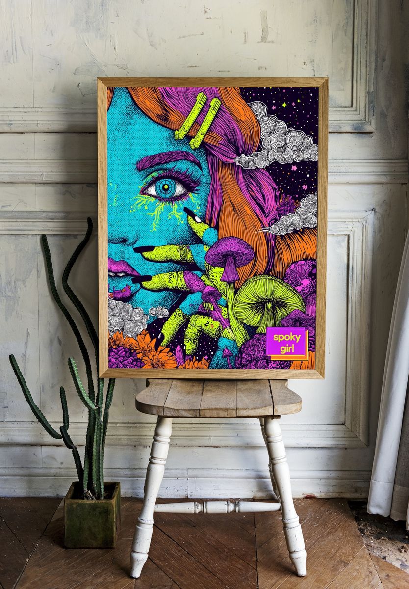 Spooky Girl Psychedelic Illustration Poster. — room view 1