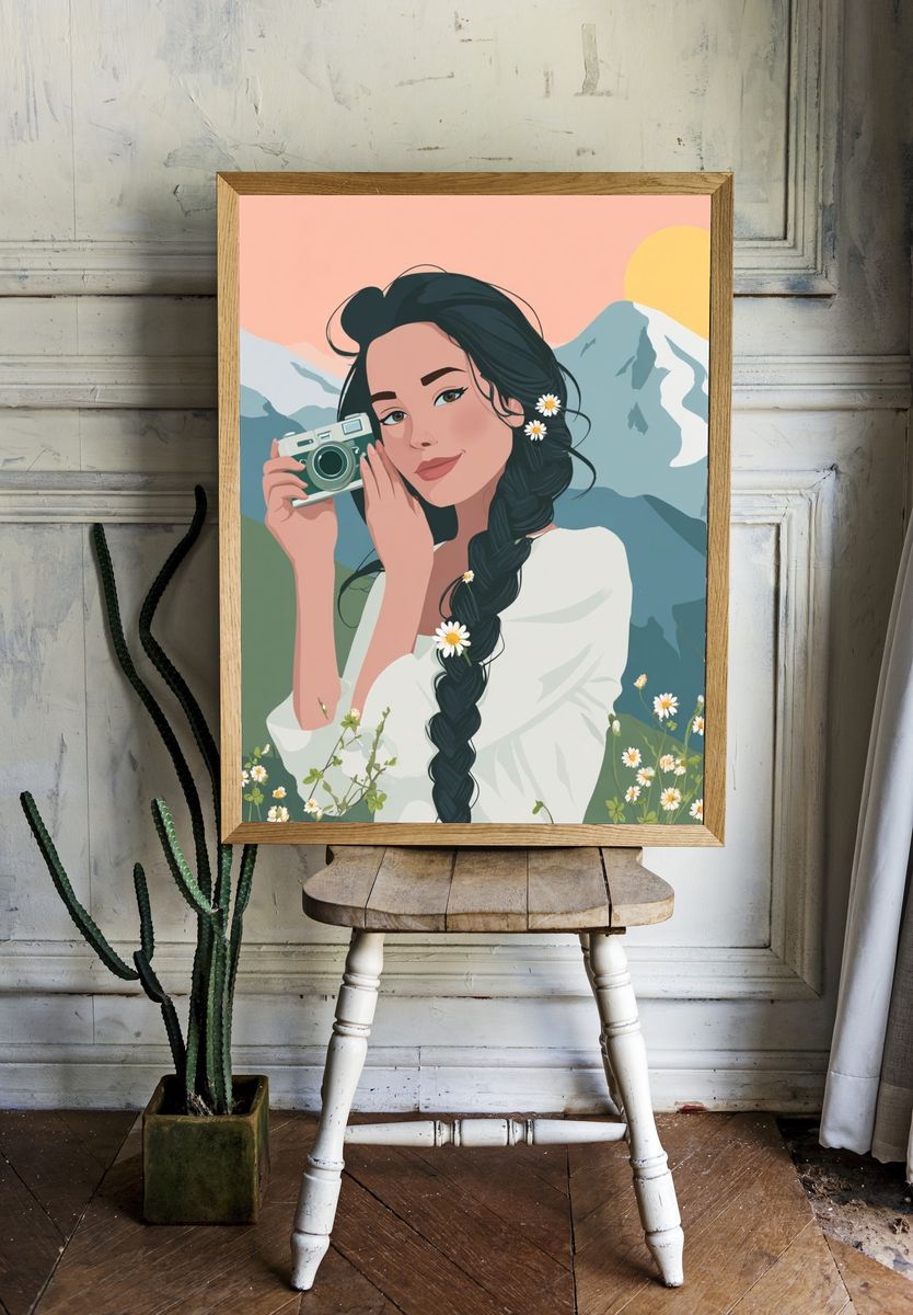 Mountain Girl with Camera Illustration Poster. — room view 1