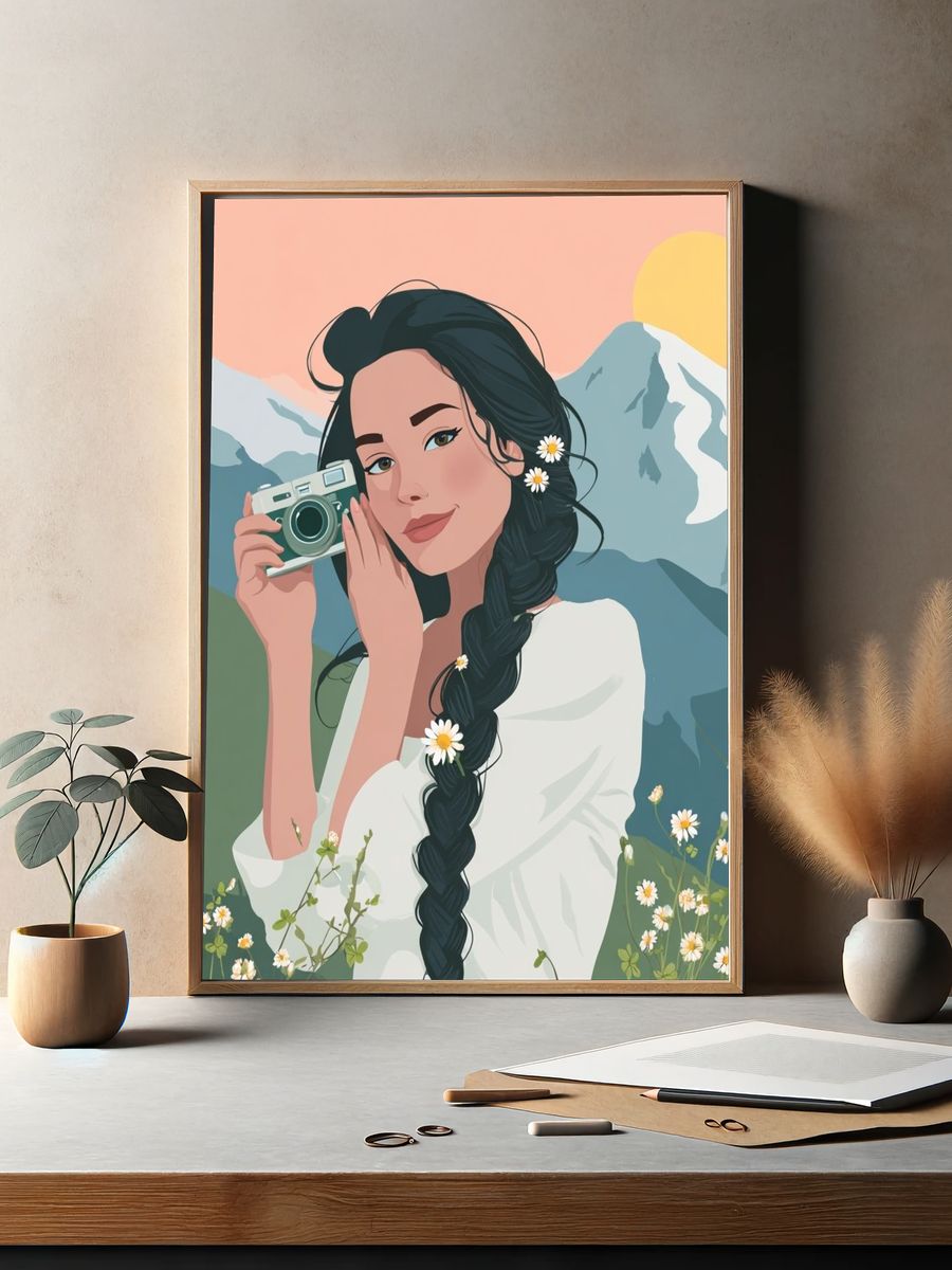 Mountain Girl with Camera Illustration Poster. — room view 2
