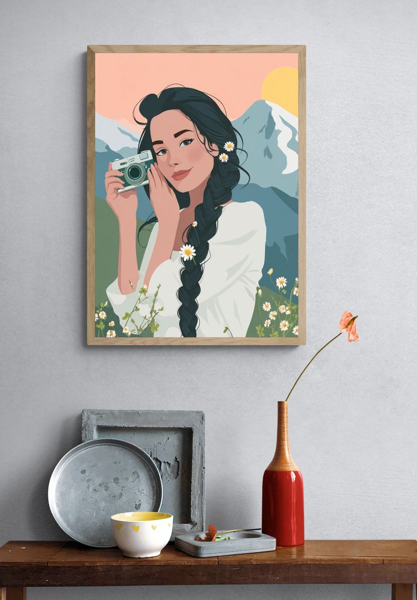 Mountain Girl with Camera Illustration Poster. — room view 3