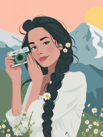 Mountain Girl with Camera Illustration Poster.