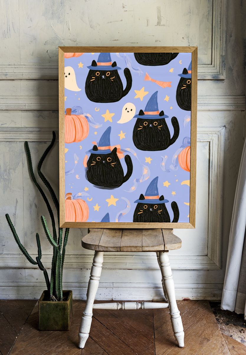 Halloween Cats and Pumpkins Illustration Poster. room preview