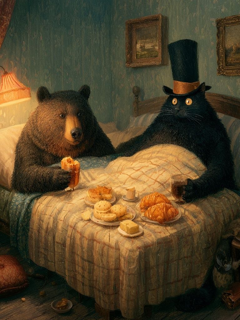 Bear and Cat Breakfast — Illustration Print. poster — illustration art