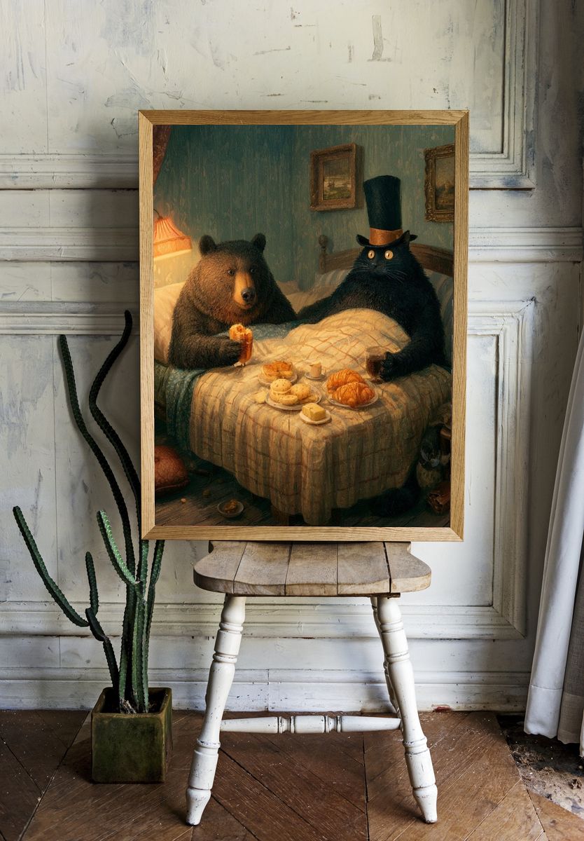 Bear and Cat Breakfast — Illustration Print. — room view 1