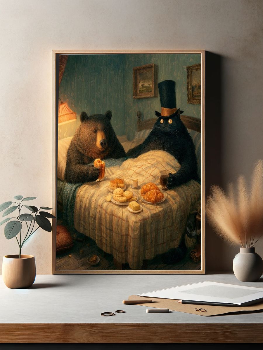 Bear and Cat Breakfast — Illustration Print. — room view 2