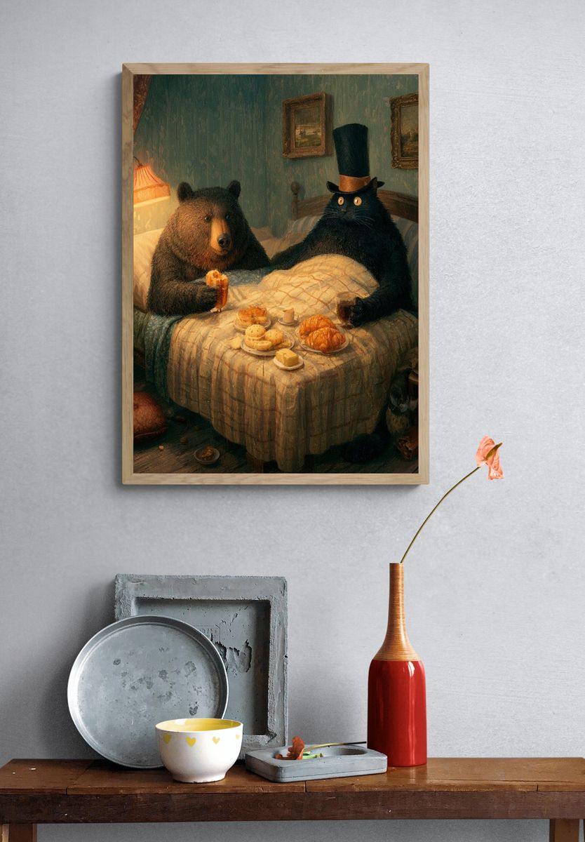 Bear and Cat Breakfast — Illustration Print. — room view 3