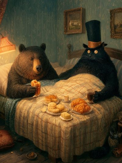 Bear and Cat Breakfast — Illustration Print.