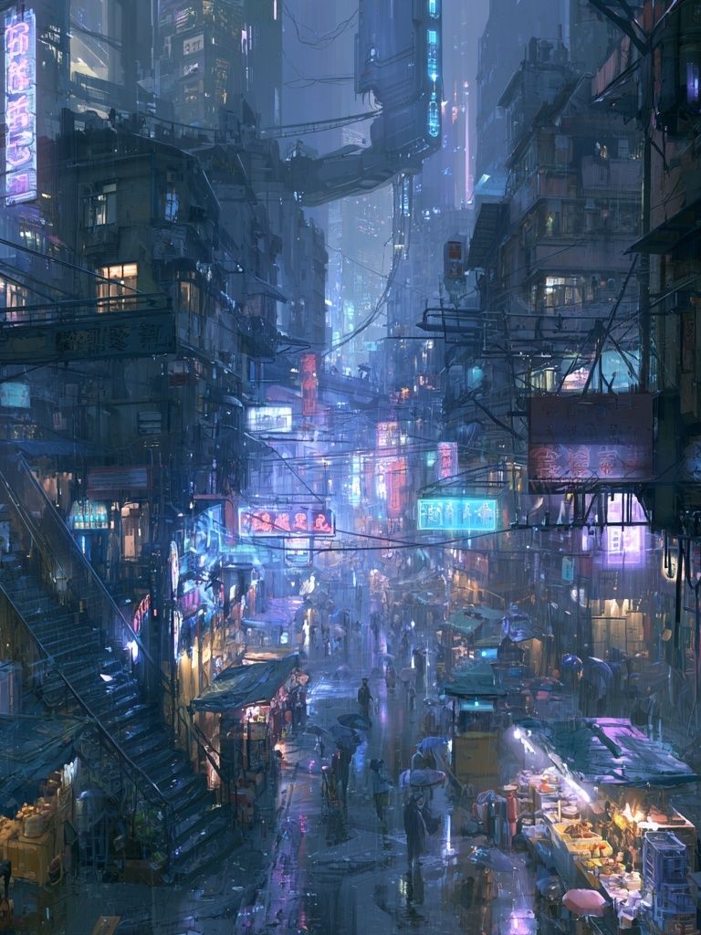 Neon Rain Cityscape Illustration Poster. poster detail