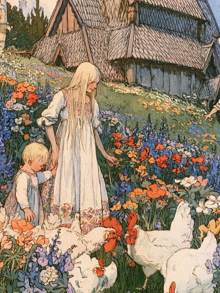 Flower Meadow Village Illustration Poster. poster detail