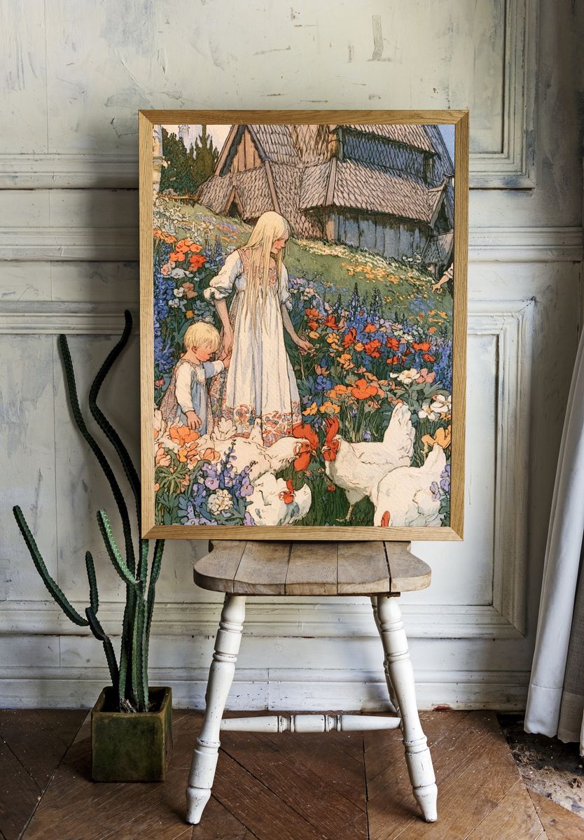 Flower Meadow Village Illustration Poster. room preview