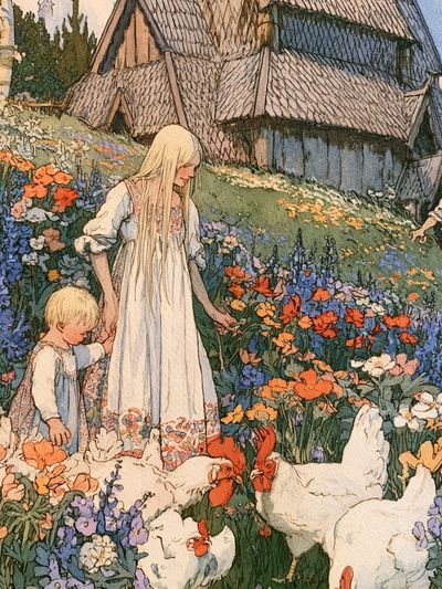 Flower Meadow Village Illustration Poster.