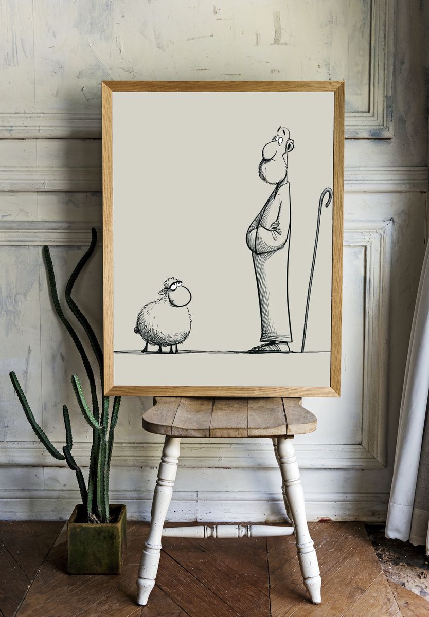 Shepherd and Sheep Ink Print. — room view 1