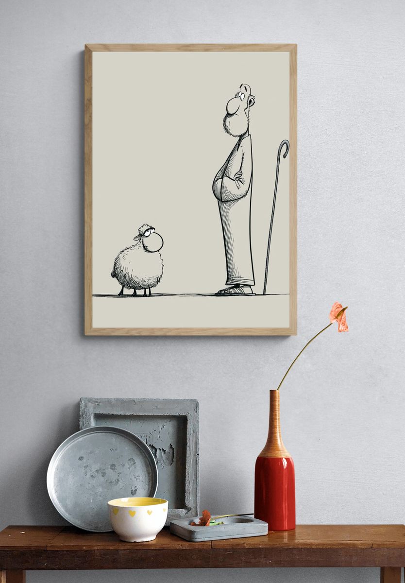 Shepherd and Sheep Ink Print. — room view 3