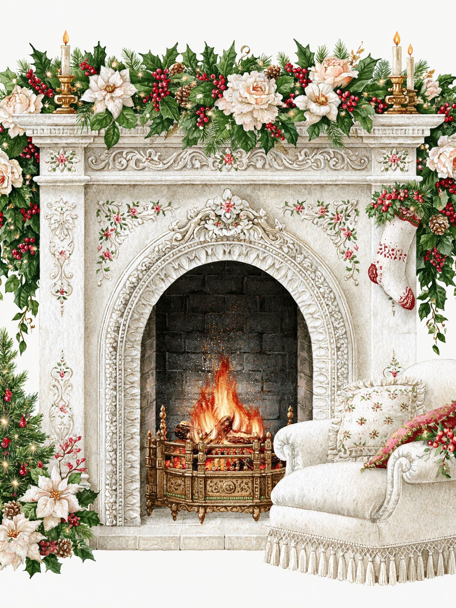 Christmas Fireplace Watercolor Print. poster detail