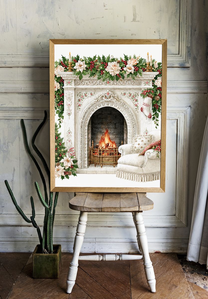 Christmas Fireplace Watercolor Print. room preview