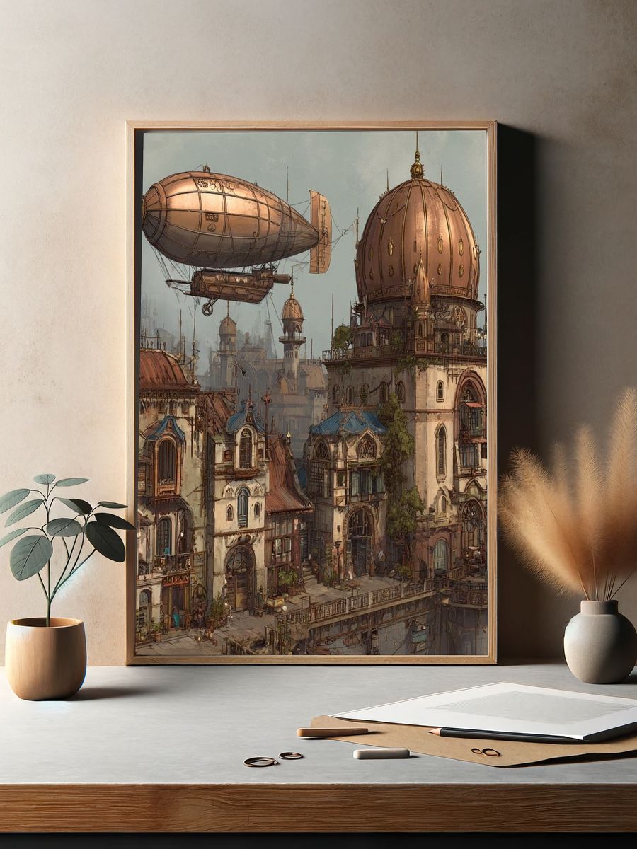 Steampunk Cityscape Illustration Poster. — room view 2