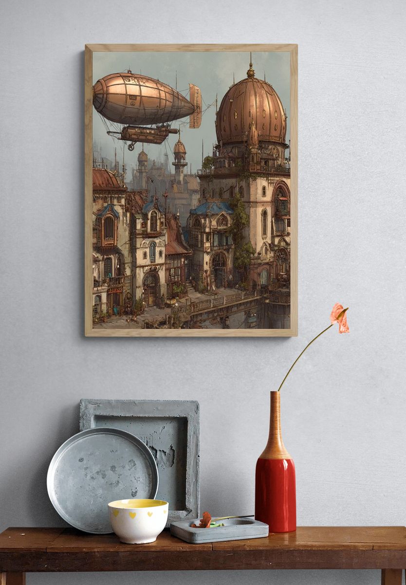 Steampunk Cityscape Illustration Poster. — room view 3