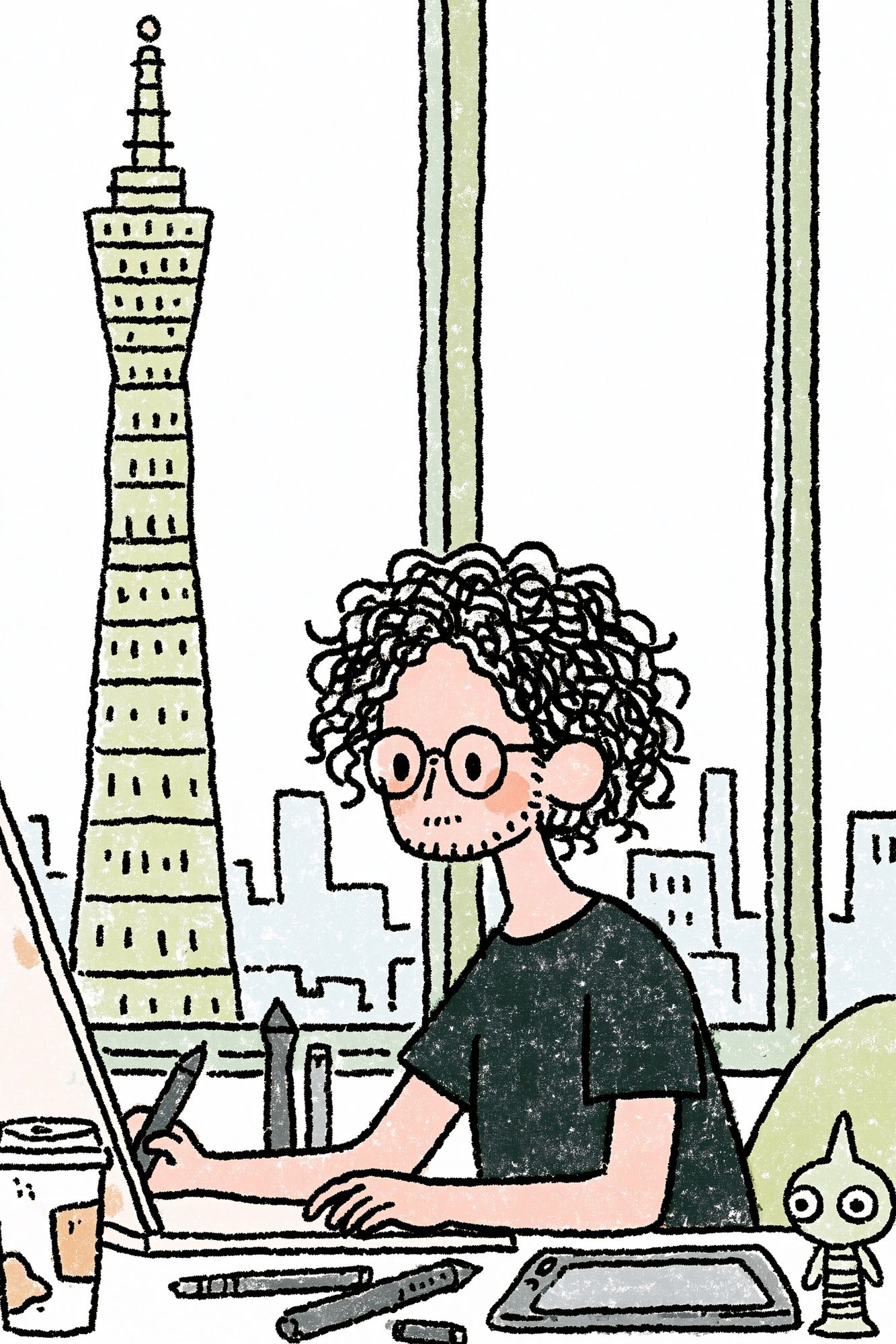 Curly Artist in City Studio Print. poster — illustration art