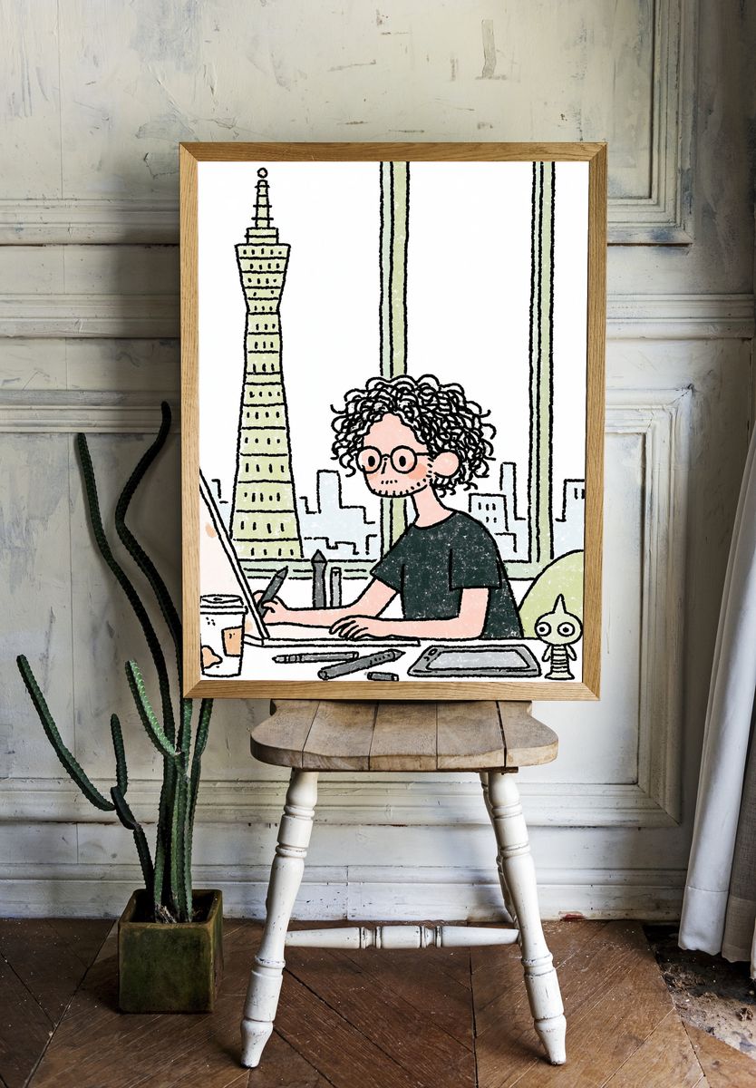 Curly Artist in City Studio Print. room preview