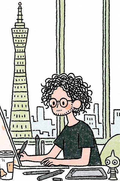 Curly Artist in City Studio Print.