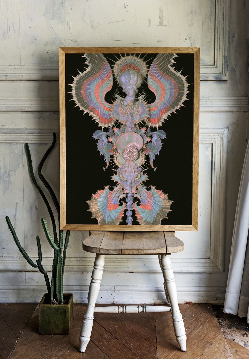 Surreal Winged Figure Print. room preview