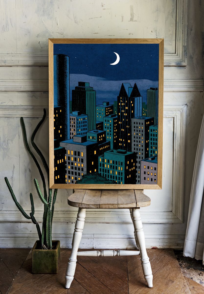Moonlit City Skyline Illustration Poster. — room view 1