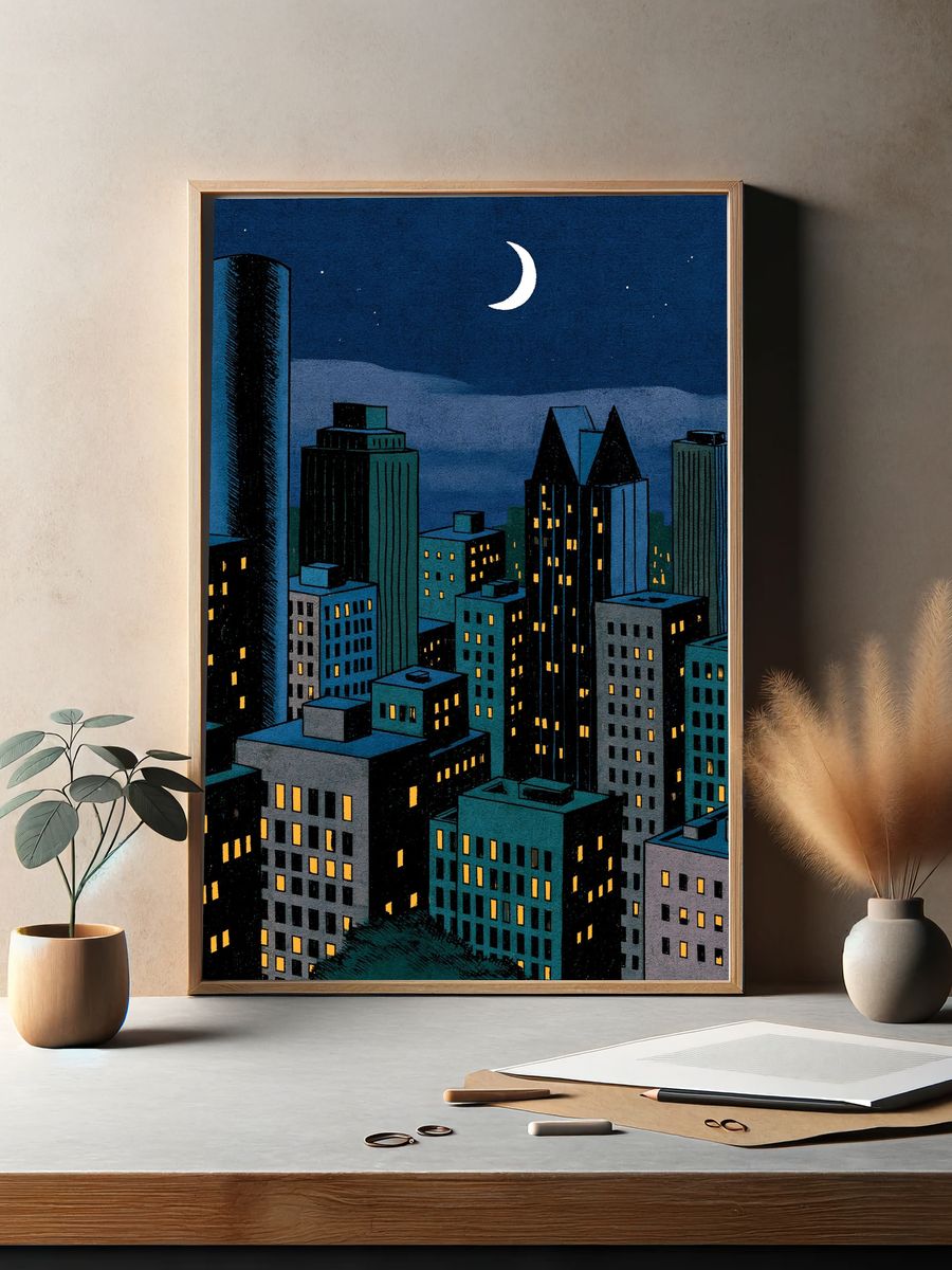 Moonlit City Skyline Illustration Poster. — room view 2