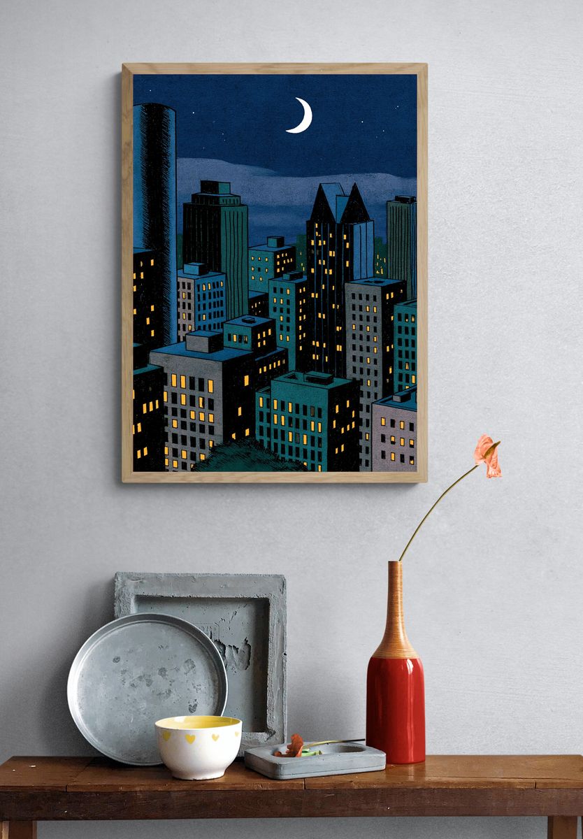Moonlit City Skyline Illustration Poster. — room view 3