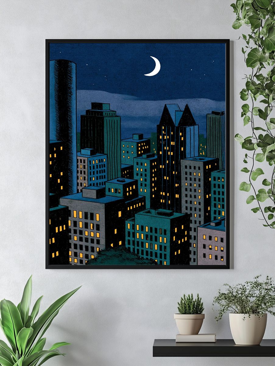 Moonlit City Skyline Illustration Poster. — room view 4