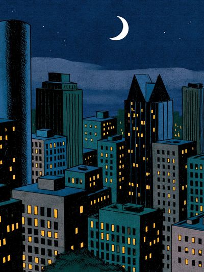 Moonlit City Skyline Illustration Poster.