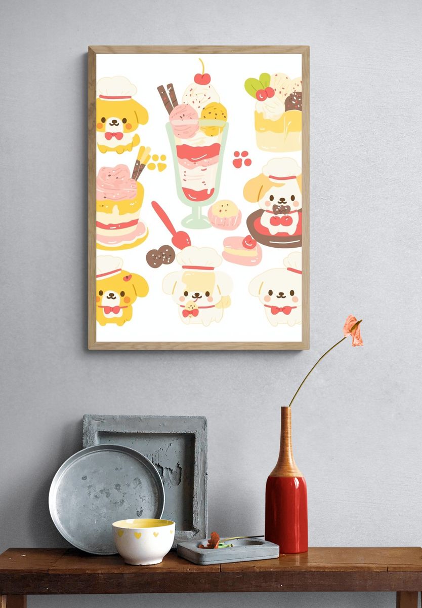 Kawaii Dessert Dogs Illustration Poster. — room view 3