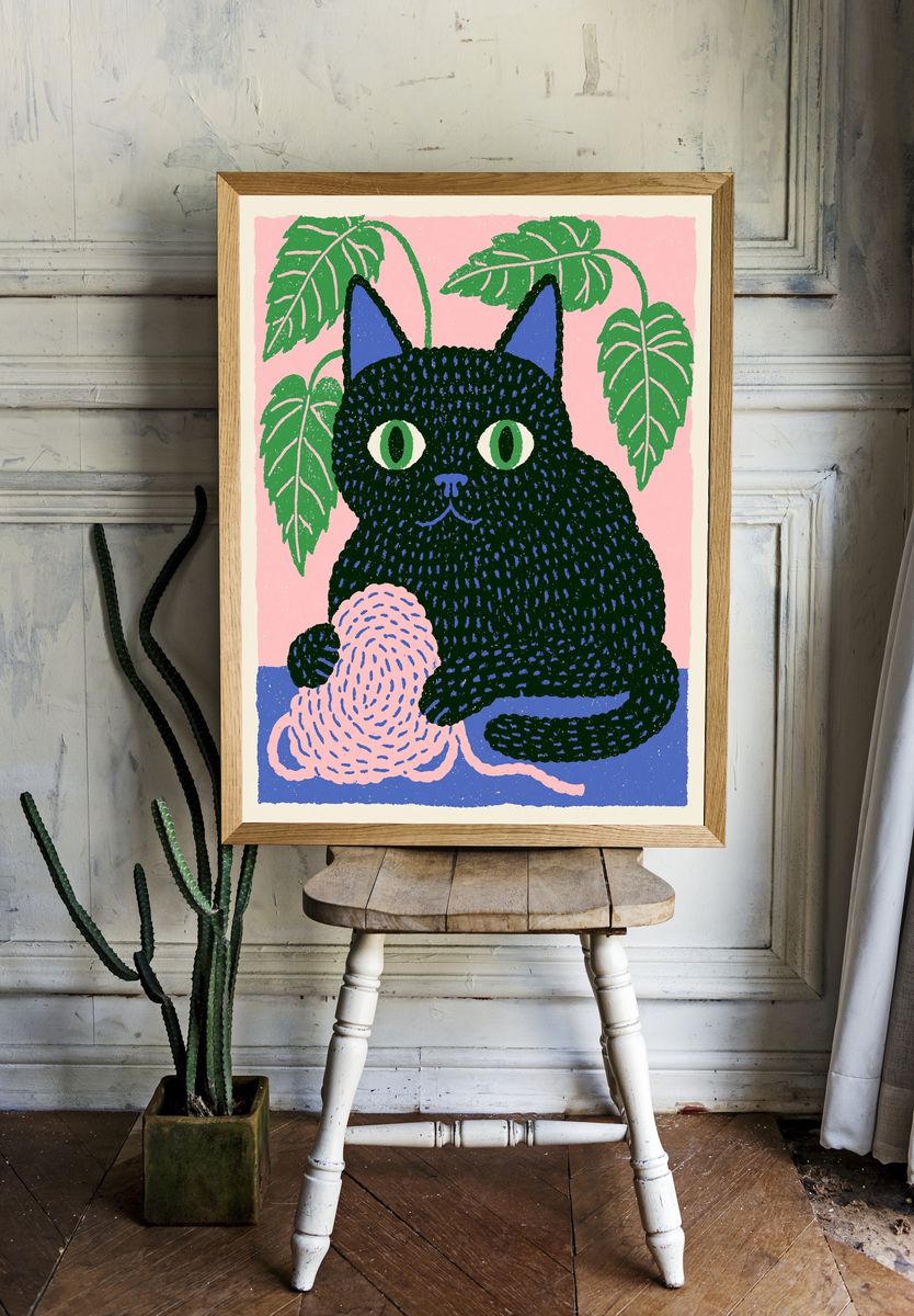 Black Cat with Plant Poster. room preview