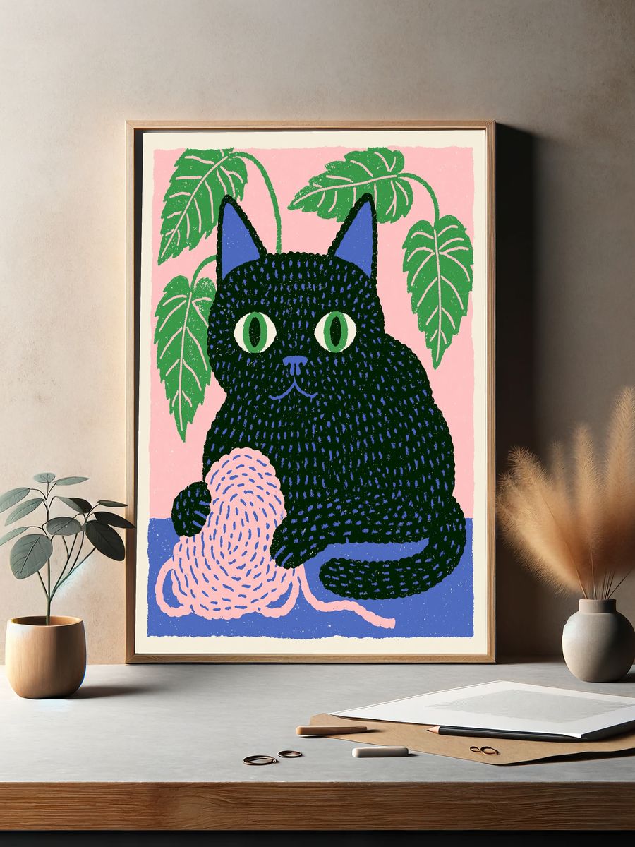Black Cat with Plant Poster. — room view 2