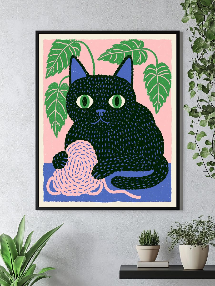 Black Cat with Plant Poster. — room view 4