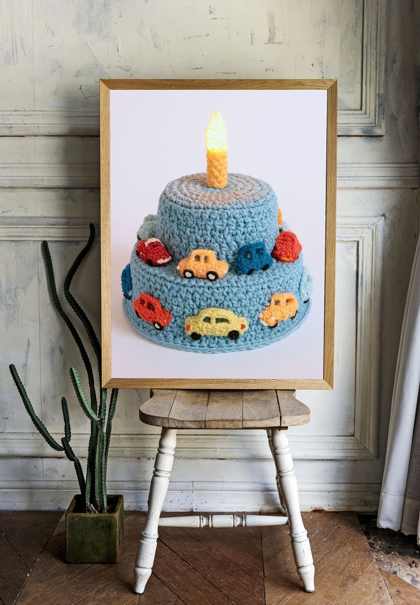 Crocheted Birthday Cake Illustration Poster. room preview
