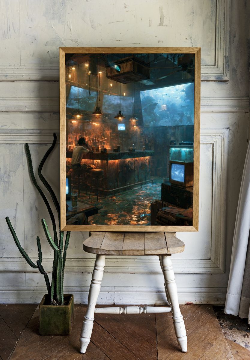 Cyberpunk Bar Interior Digital Art Print. room preview