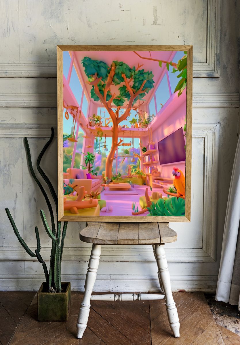 Tropical Pink Jungle Interior Print. room preview